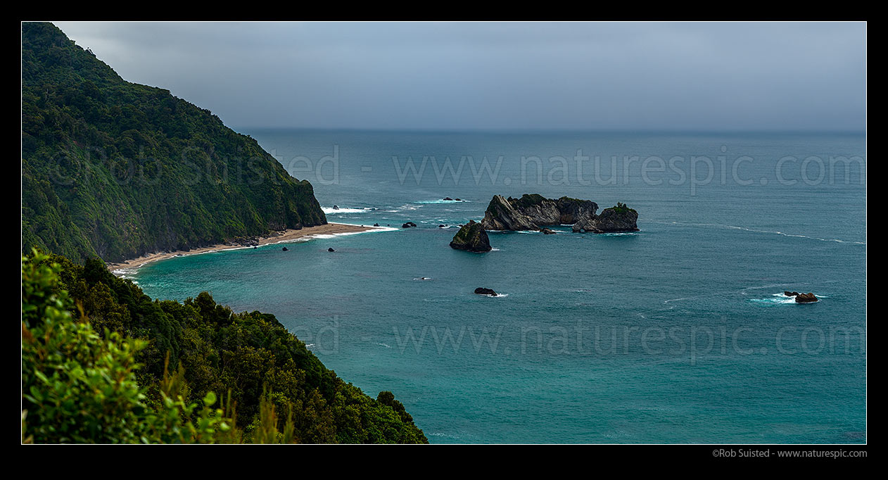 Image of Arnott Point coastline below rainforest and cliffs. Seen from Knights Point. Panorama, South Westland, Westland District, West Coast Region, New Zealand (NZ) stock photo image