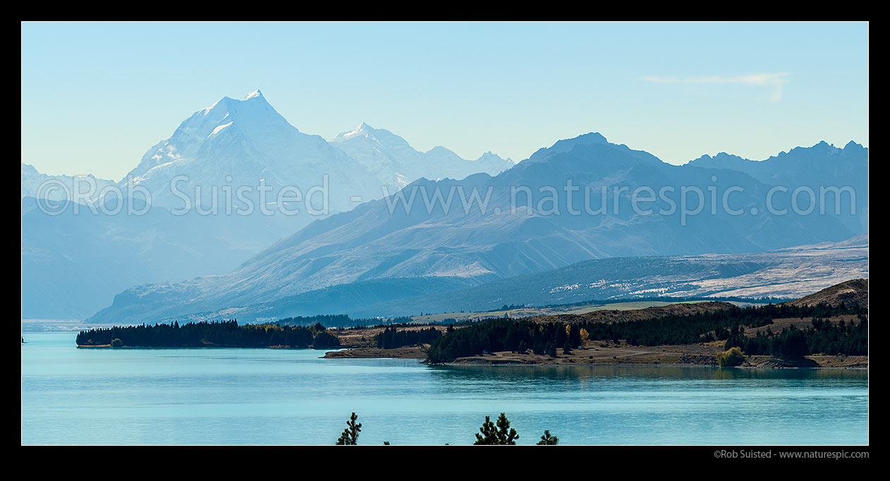 Image of Burnett Mountains, with Aoraki Mt Cook (3754m) and Mt Tasman (3497m) at right, above Lake Pukaki, Aoraki / Mount Cook National Park, MacKenzie District, Canterbury Region, New Zealand (NZ) stock photo image