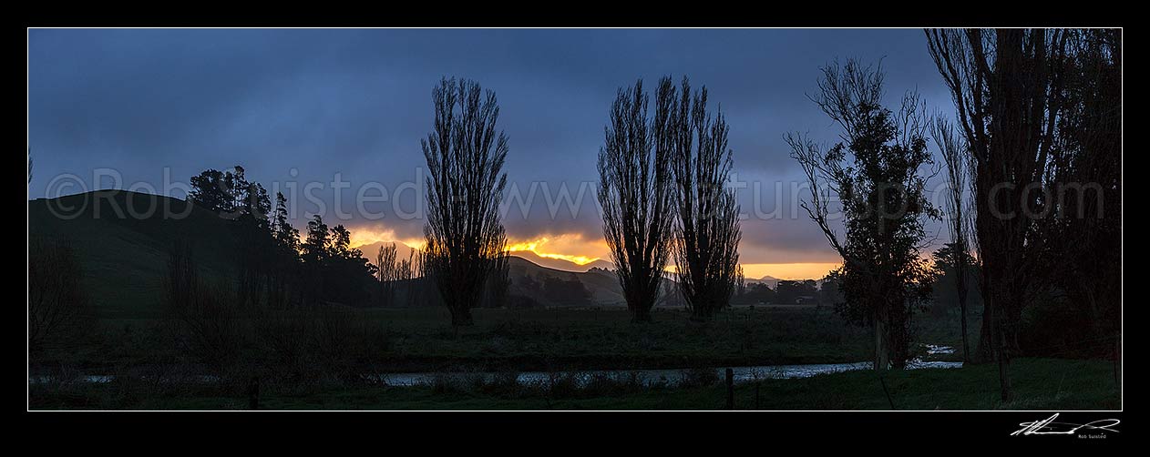 Image of Moody rural sunset at Flaxbourne River, looking towards the Haldon Hills, with tree silhouettes. Panorama, Ward, Marlborough District, Marlborough Region, New Zealand (NZ) stock photo image