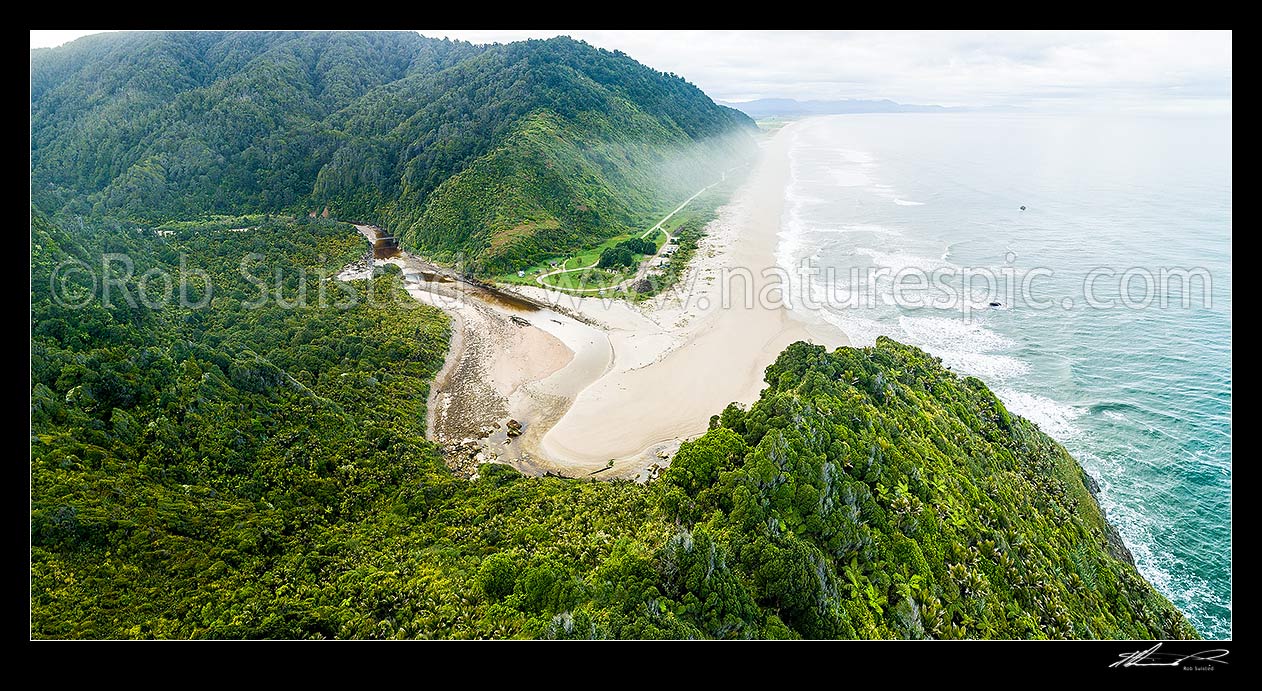 Image of Kohaihai River and Heaphy Track Great Walk carpark and camping ground, seen from Kohaihai Bluff, looking south to Karamea. Aerial panorama, Kahurangi National Park, Buller District, West Coast Region, New Zealand (NZ) stock photo image