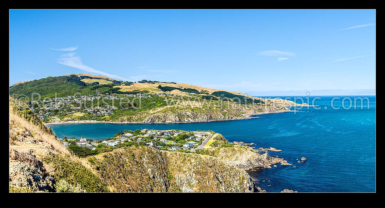 Image of Titahi Bay and Beach, with South Island behind across Cook Strait. Colonial Knob Scenic Reserve (468m) far left. Panorama, Titahi Bay, Porirua City District, Wellington Region, New Zealand (NZ) stock photo image