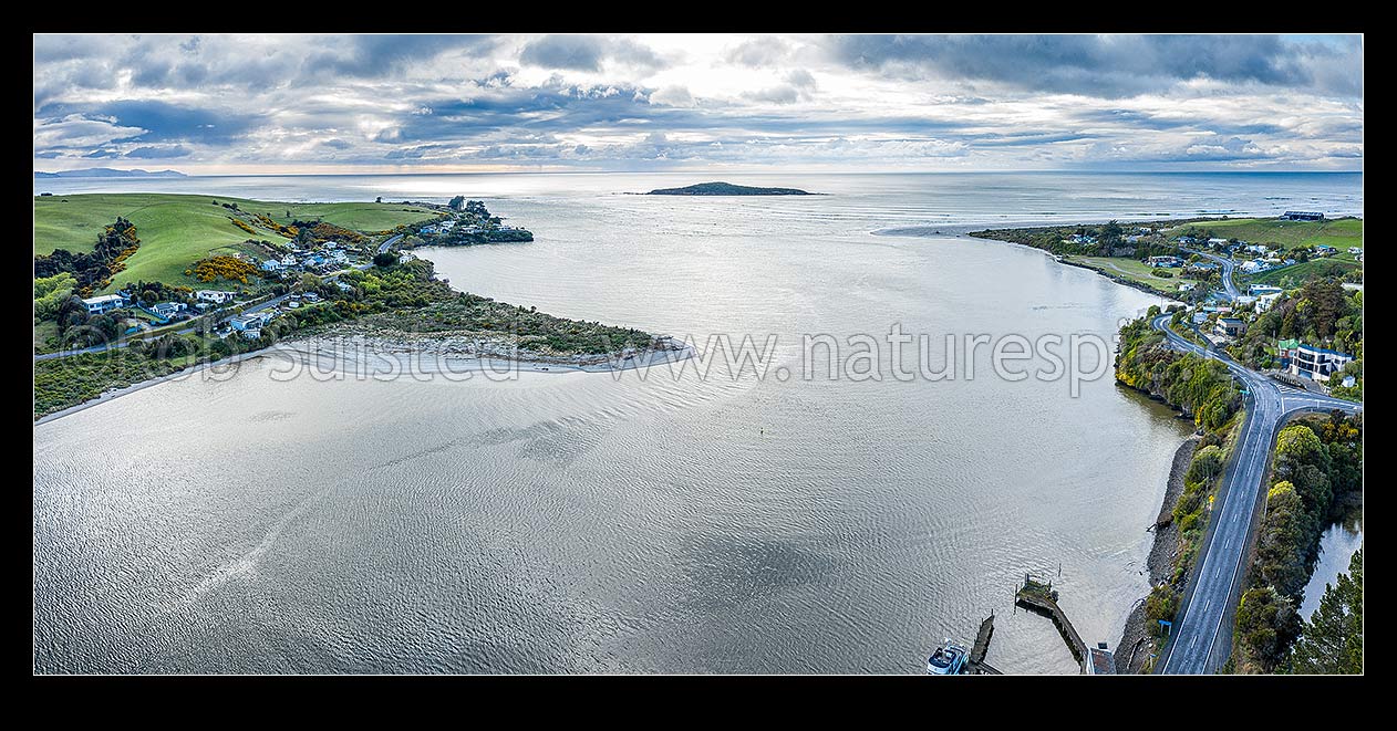 Image of Taieri River at Taieri Mouth. Aerial panorama view, Taieri Mouth, Dunedin City District, Otago Region, New Zealand (NZ) stock photo image