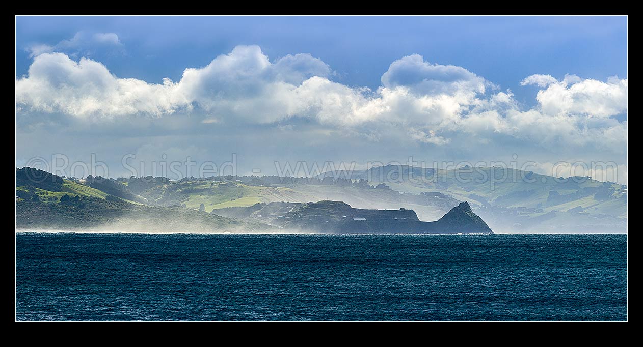 Image of Southern Otago Peninsula seen from Brighton, looking to Blackhead point (with quarry) to Otago Peninsula beyond. Panorama, Brighton, Dunedin, Dunedin City District, Otago Region, New Zealand (NZ) stock photo image