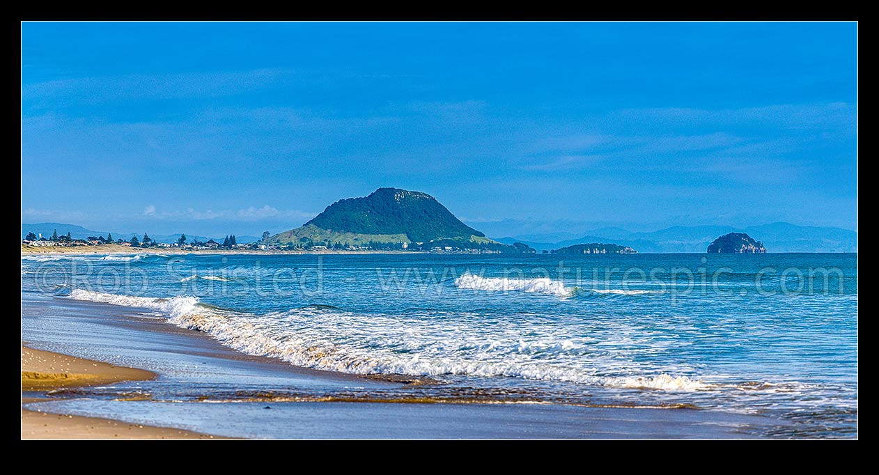 Image of Papamoa Beach panorama, looking west along the beach towards Mount Maunganui Mauao (231m) and Motuotau Island (left), Papamoa Beach, Tauranga District, Bay of Plenty Region, New Zealand (NZ) stock photo image