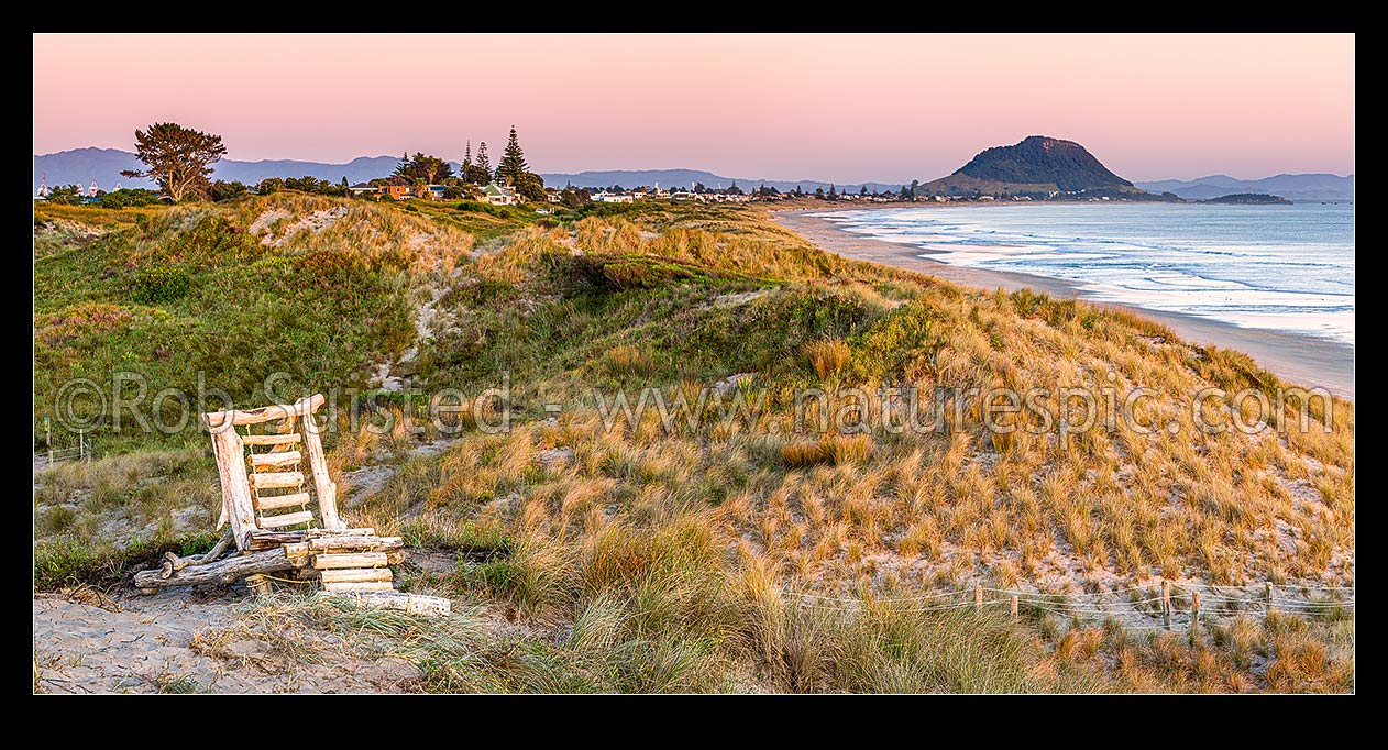 Image of Papamoa Beach dawn panorama amongst the sand dunes, looking west to Mt Maunganui Mauao. Driftwood made recliner chair on dune top, Papamoa Beach, Tauranga District, Bay of Plenty Region, New Zealand (NZ) stock photo image