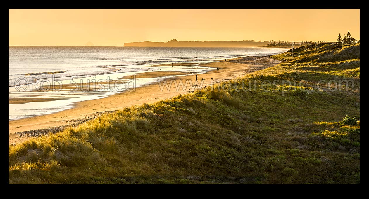 Papamoa Beach sunrise panorama, looking east over sand dunes towards ...