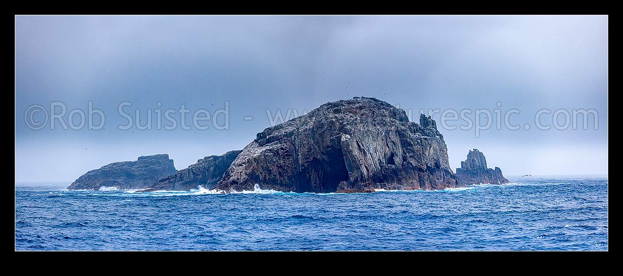 Image of Bounty Islands Centre Group, Funnel Island centre, Prion and Castle Islands left, Coronet Island right. Moutere Hauriri panorama, Bounty Islands, NZ Sub Antarctic District, NZ Sub Antarctic Region, New Zealand (NZ) stock photo image