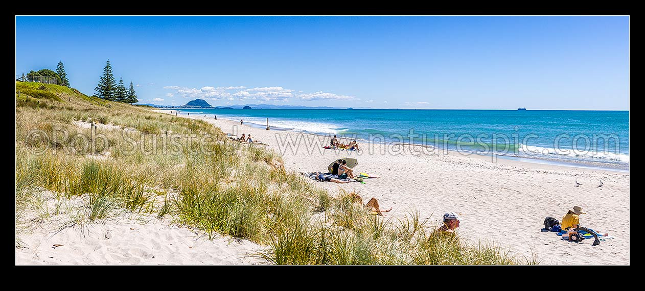 Image of Papamoa Beach on a summer day with people enjoying the summer sunshine. Looking west towards Mt Maunganui Mauao (231m). Panorama, Papamoa Beach, Tauranga District, Bay of Plenty Region, New Zealand (NZ) stock photo image