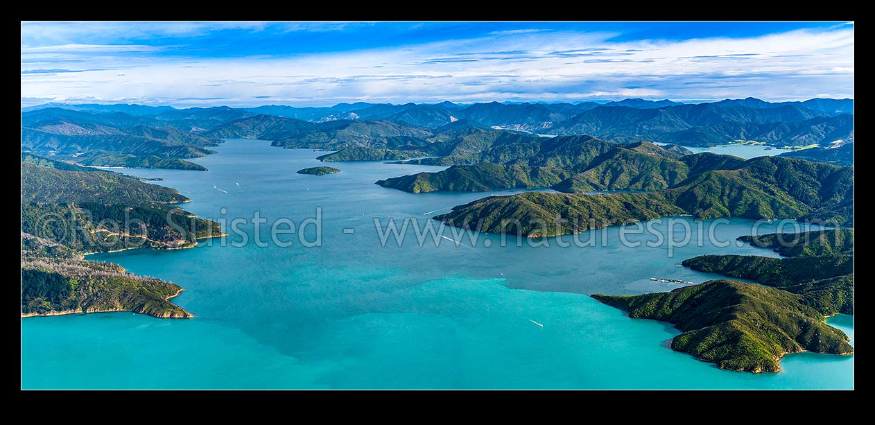 Image of Queen Charlotte Sound, looking towards Grove Arm, past Allports Island. Dieffenbach Point left, Ruakawa Bay and Kenepuru Sound at right. Aerial panorama, Marlborough Sounds, Marlborough District, Marlborough Region, New Zealand (NZ) stock photo image