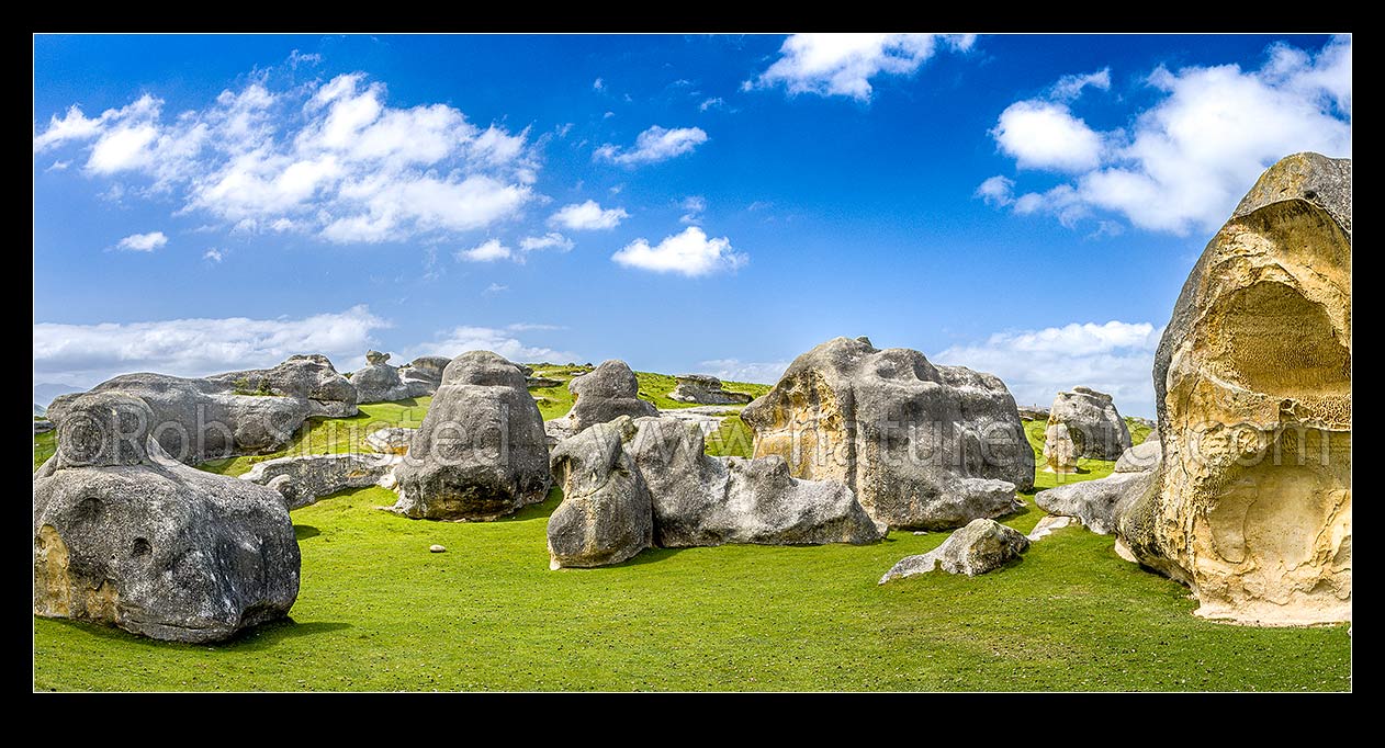 Image of Elephant Rocks limestone site in the Waitaki Whitestone Geopark, Maerewhenua. Panorama of the uplifted weathered marine limestone, Duntroon, Waitaki District, Canterbury Region, New Zealand (NZ) stock photo image