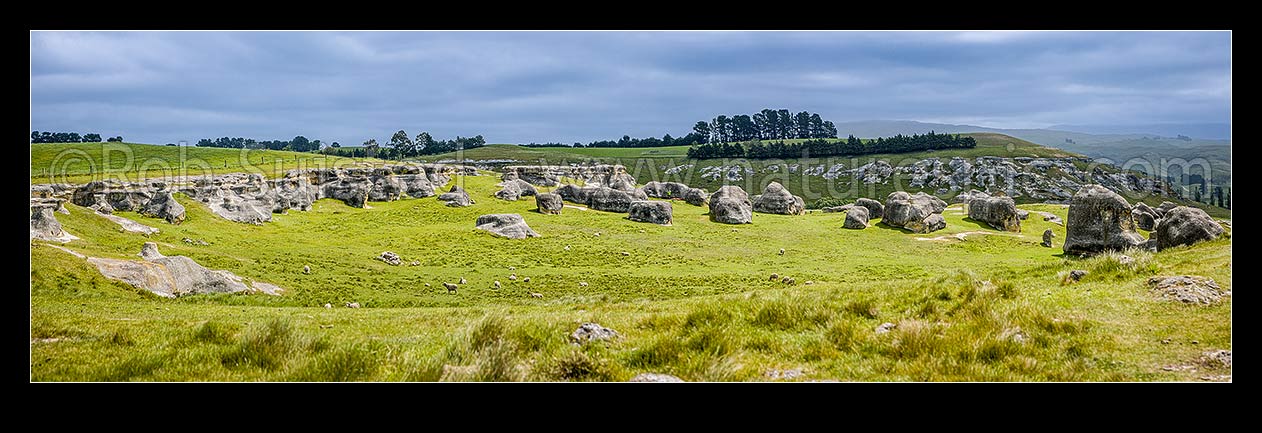 Image of Elephant Rocks limestone site in the Waitaki Whitestone Geopark, Maerewhenua. Uplifted weathered marine limestone outcrops, Duntroon, Waitaki District, Canterbury Region, New Zealand (NZ) stock photo image