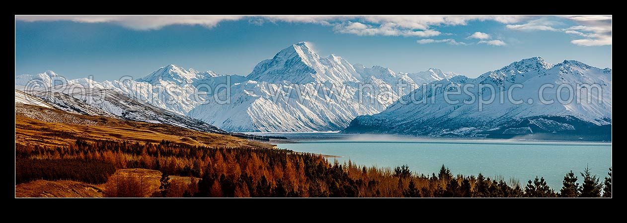 Image of Aoraki / Mount Cook (3754m) and Lake Pukaki in winter. Mt La Perouse (3078m) left, Tasman Valley and Burnett Mountains Range right. Panorama with late autumn colours, similar to 65857, Aoraki / Mount Cook National Park, MacKenzie District, Canterbury Region, New Zealand (NZ) stock photo image